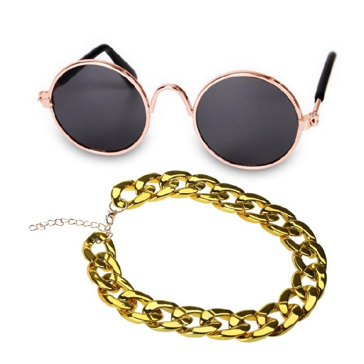 

Classic Funny Pet Costume Fashion Summer Sunglasses Collar Chain Straw Hat Tie 1