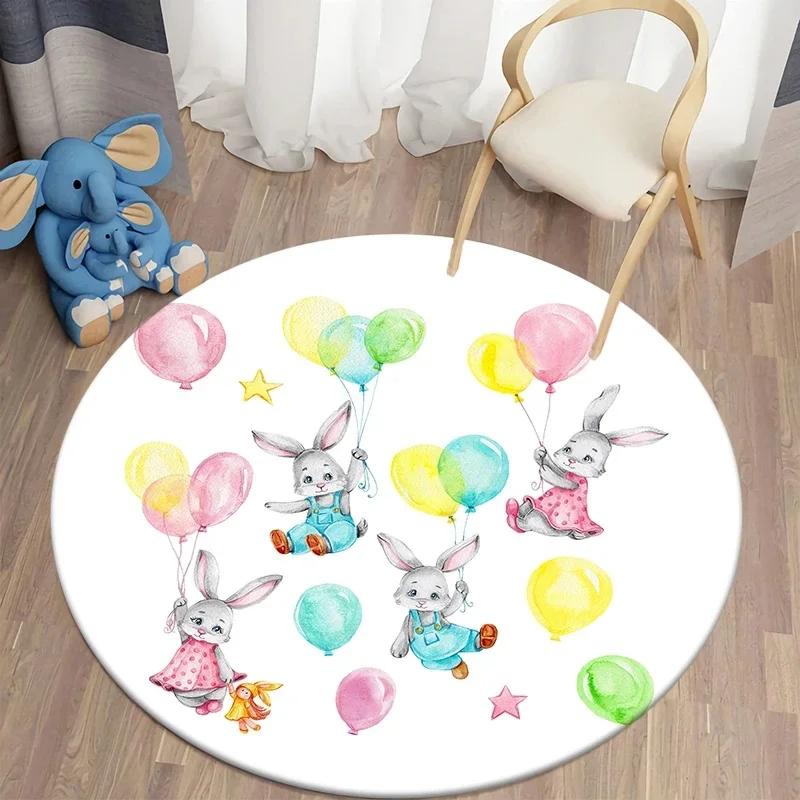 Cartoon Bunny Print Round Carpet Rabbit Area Rugs Circle Carpets for Living Room Floor Mat Polyester Anti-Slip Mats for Children