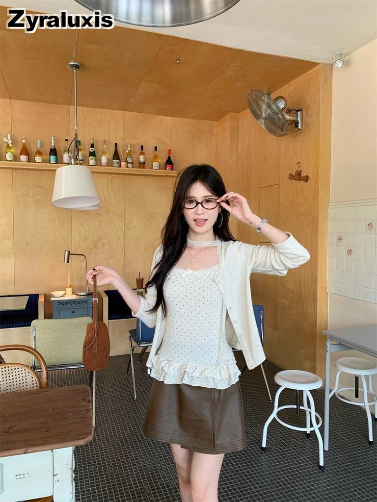 Pure Desire Style Temperament Fashion Set Women Autumn Gentle Wind Long Sleeve Cardigan Ruffled Edge Polka Dot Camisole Top