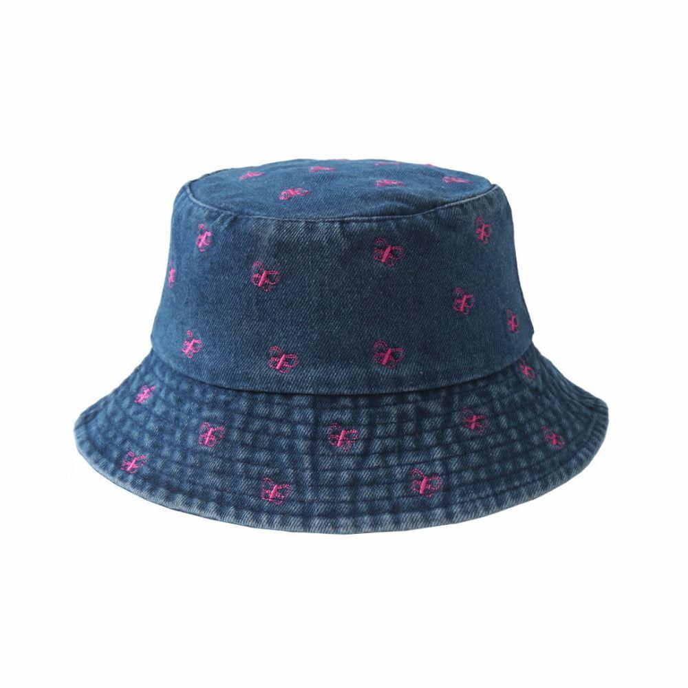 Butterfly Pattern Denim Bucket Hat Wide Brim Sun Hat Breathable Beach Hat  Spring and Summer