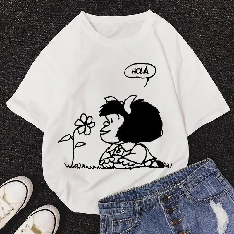 

Футболка Mafalda Kawaii с графическим принтом, женская, Harajuku, эстетичные розовые топы, повседневная футболка Y2k, новинка 2021 года, летняя модная женская футболка 2XL