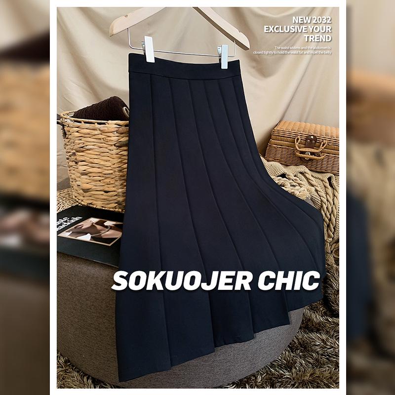 Högkvalitativ medellång plisserad A-linjeformad kjol med resår i midjan för kvinnor - Mångsidig höst/vinterstil