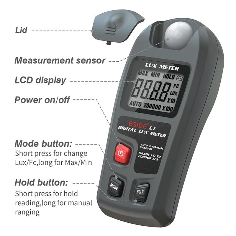 L1 Lux Meter Digital Illuminometer Lux Tester 0.1-200000 Lux/0.01-20000 Fc LCD  Sensor Pocket Luxmeter Handheld Measure Tester