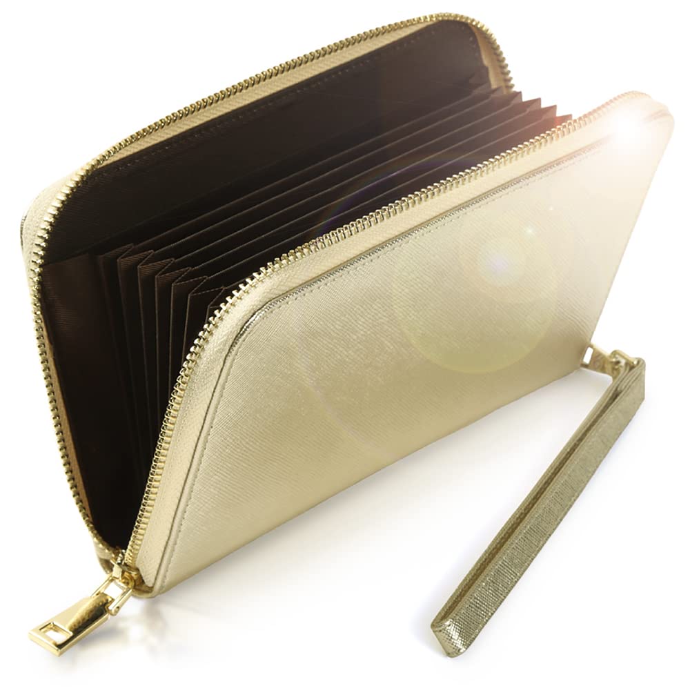 LINOLUNA Lyckligt Bankboksetui, Antimagnetiskt, Övervakat av en Feng Shui-mästare, Stort Kortfodral för Kvinnor i Äkta Läder (Guld)