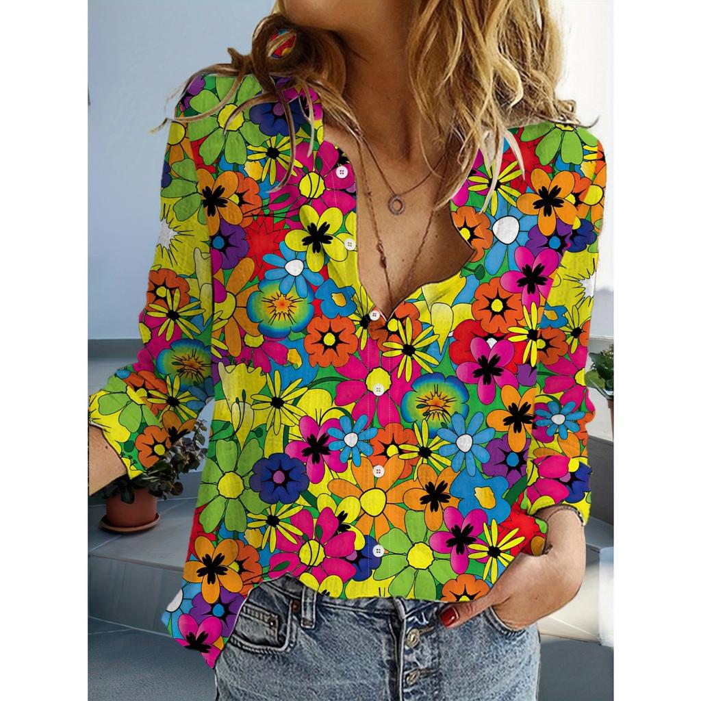 Fashion multicolour Flower style 3D Print Women Long Sleeve Shirts Autumn Holiday Casual Ladies Blouse Tops Women's Clothing