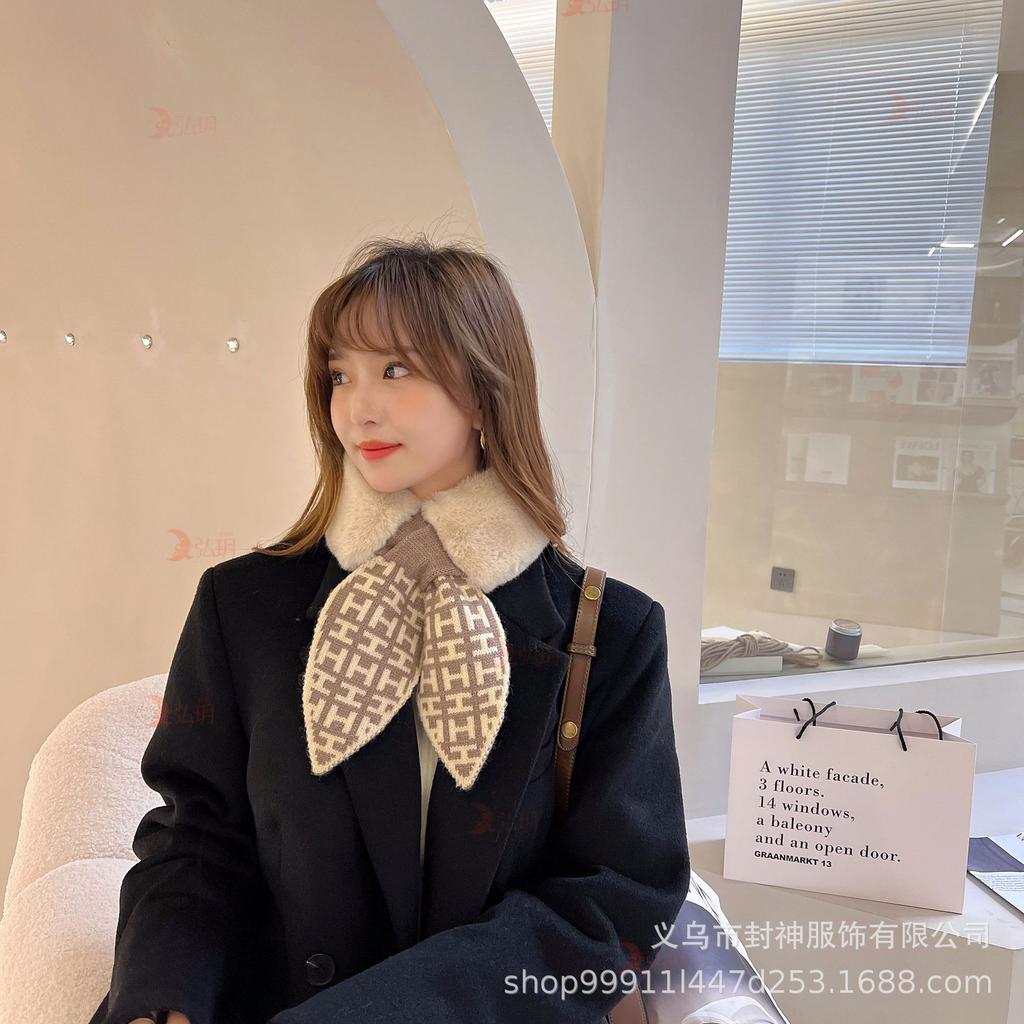 Women Plush Scarf Winter Windproof Warm Simple Plaid Cross Neckerchief For Winter Coat Dress