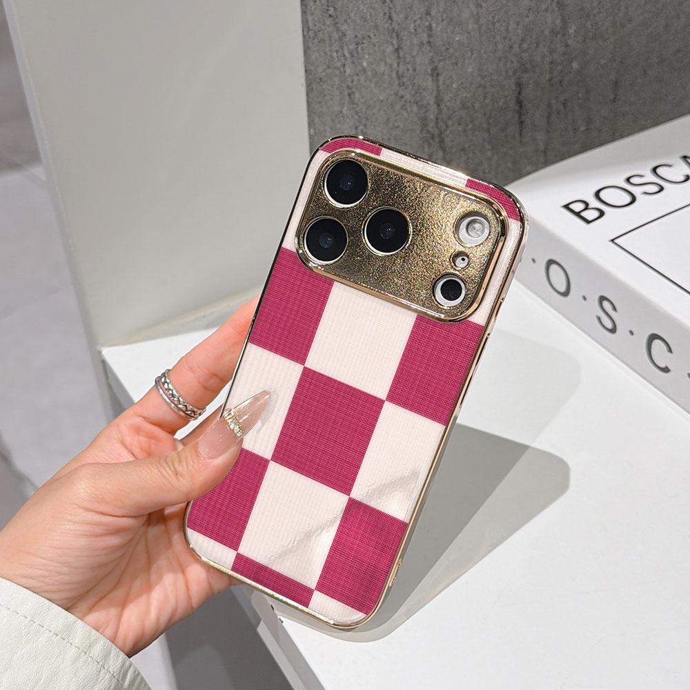 

Lucky Start Phone Case For iPhone 17 16 15 14 13 12 11 Pro Max 16E Gold Electroplated glass shell Berry Checkerboard Cover IPHONE11PRO