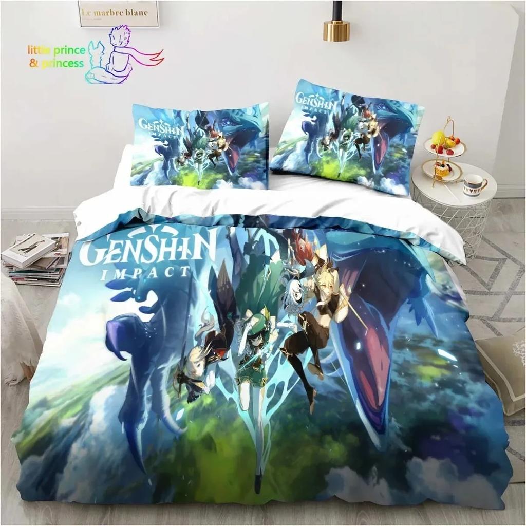 Genshin Impact  Anime Printed Bedding Set Single Twin Full Queen King Size Bed Set Adult Kid Bedroom Bedding Gift