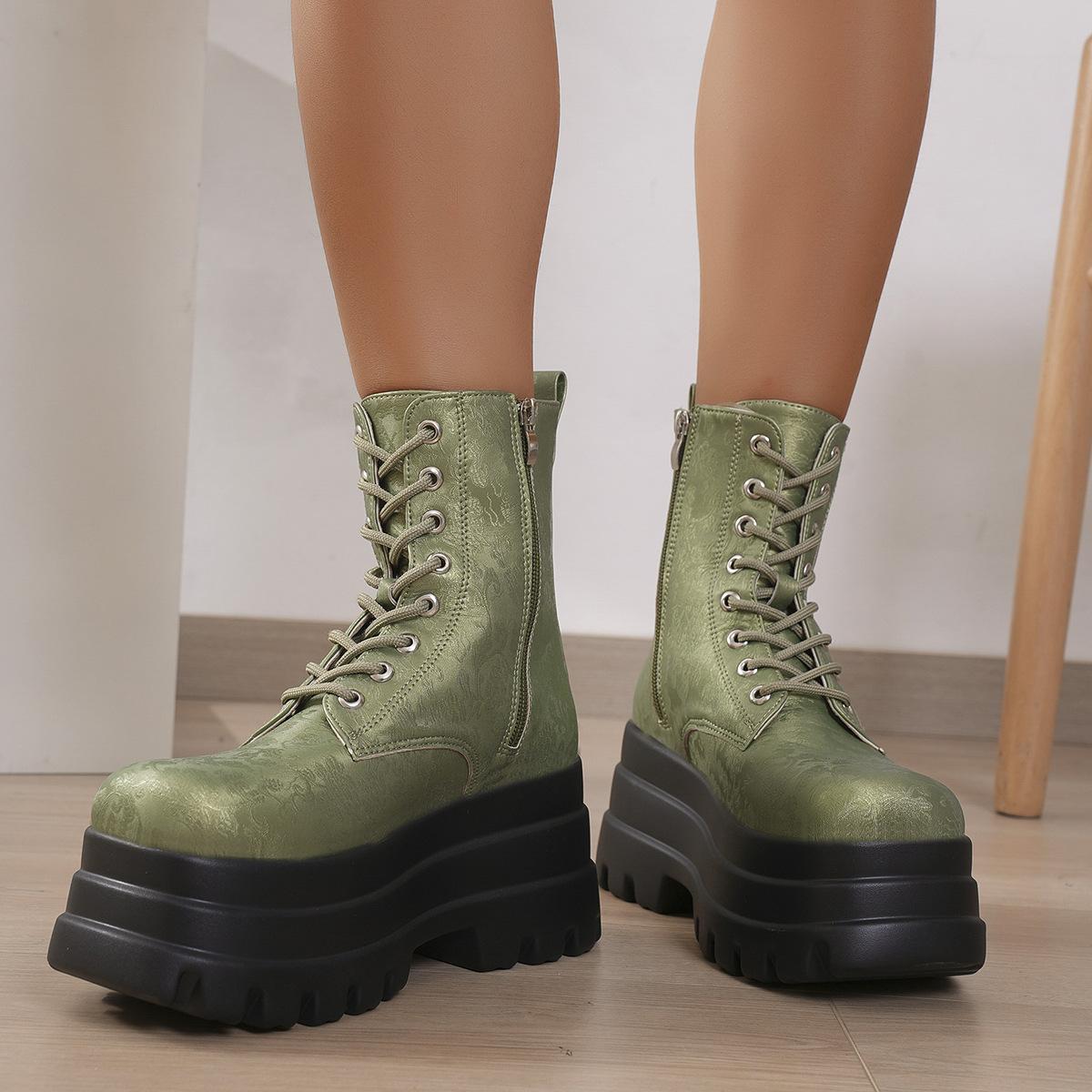 Thick-Soled Casual Solid-Color Leather Boots British Retro Heightening Printed Martin Boots 43 зелёный