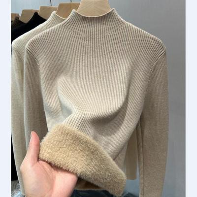 Winter Thickened Velvet Knitted Bottoming Shirt For Women, One-piece Velvet Half Turtleneck Pullover Sweater, Warm Inner Top