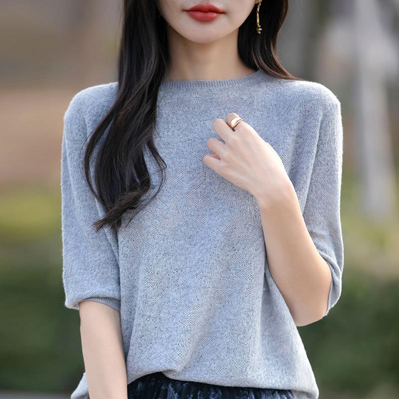 Spring New Thin Fine-spun Fine Wool Openwork Knitted Short-sleeved Top