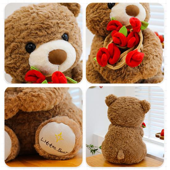 Rose Bear Plush Toy Cute Teddy Bear Holding Flower Bouquet Soft Stuffed Animal Gift for Valentine's Day