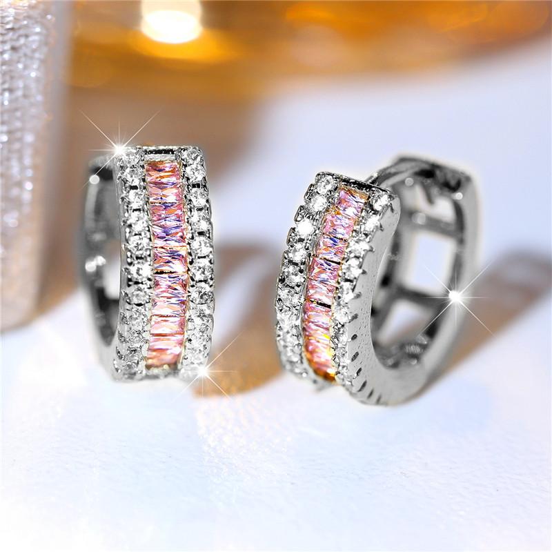 Orecchini a clip da donna di lusso con pietre in zircone arcobaleno, ciondolo color argento, per matrimonio, da donna