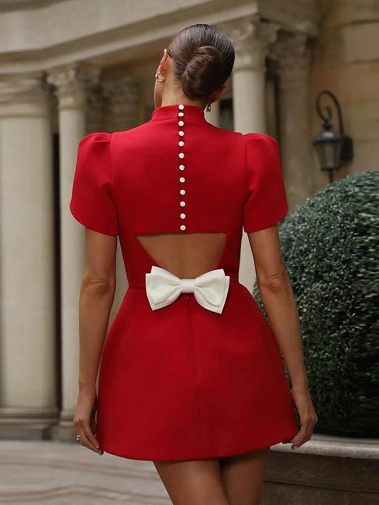 Ladies' Standing Collar Bow Short Dress Women's Short Sleeved Dress Christmas Festival Birthday Red Dress