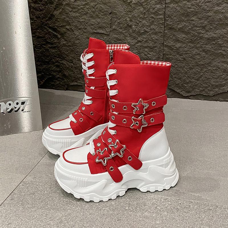 Fashion 8CM Women Chunky Mid-Calf Boots New Autumn Canvas High Platform Round Toe Buckle Ladies Shoes Motorcycle Boots Winter Sneakers