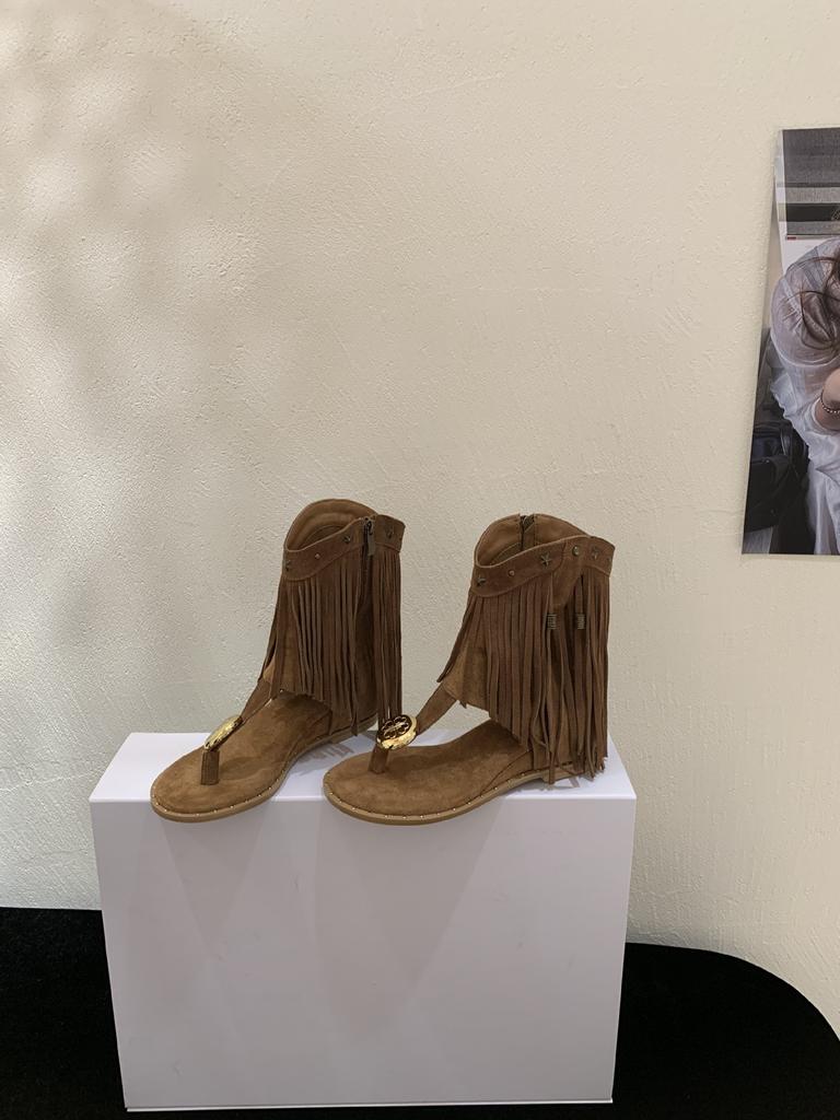 2025 Summer Korean Version of Toe Suede New Women's Sandals Rivet Tassel Side Zipper Inner Height Increase Cool Boots