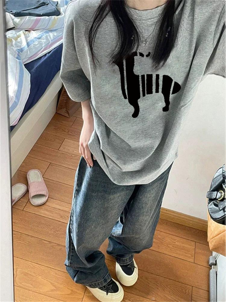 

Pure cotton fashion foreign style short-sleeved t-shirt women s summer large size loose and thin design sense niche Hong Kong style chic top m (recommended 40-52.5kg ) светло-серый