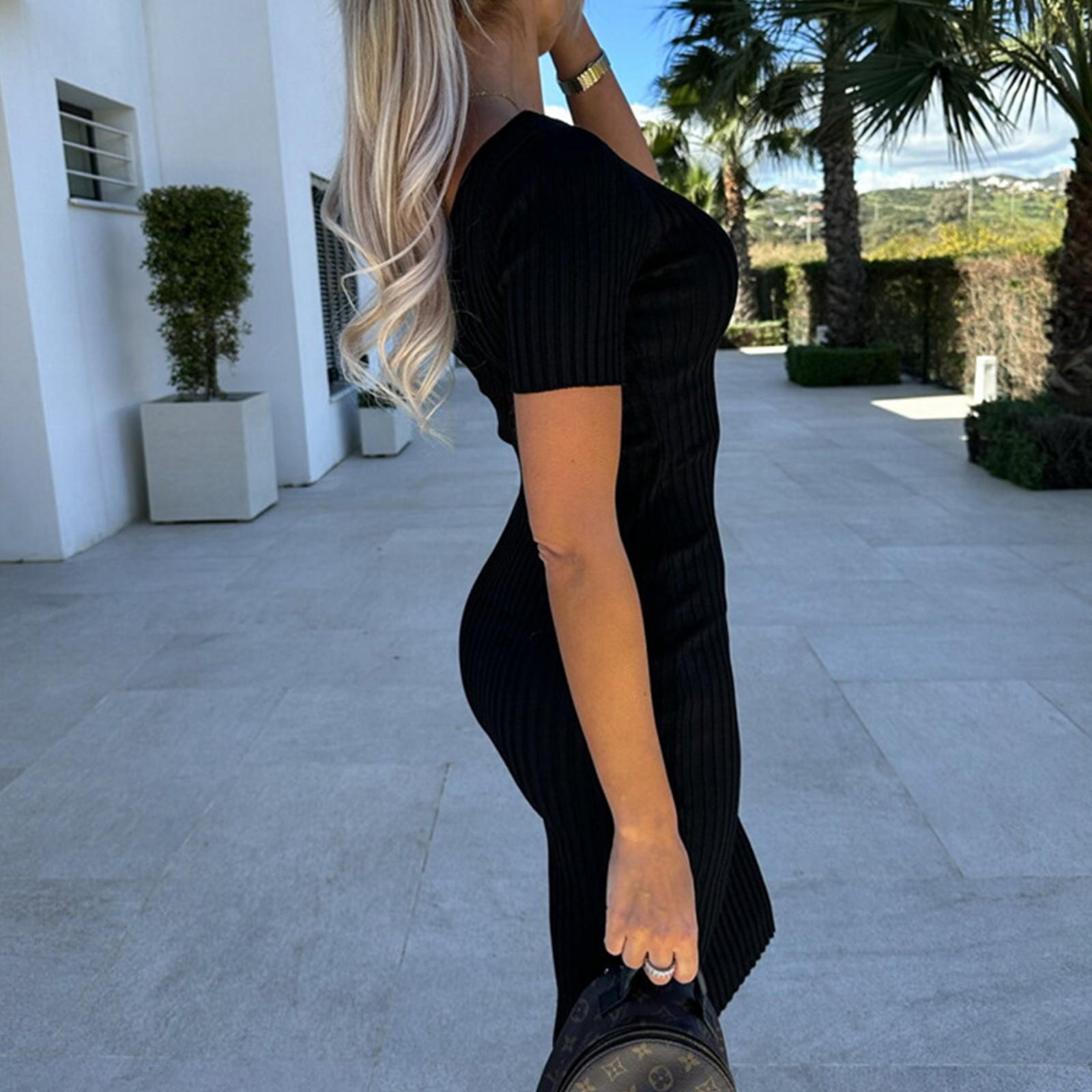 Стильное и сексуальное однотонное тонкое повседневное платье миди с v-образным вырезом — фото 4