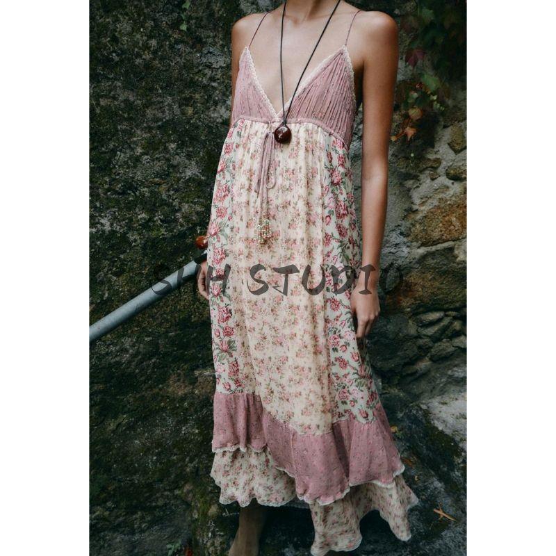 Summer New Product Women's Clothes Seaside Vacation Style V Neck Sleeveless Flower Patchwork Long Braces Dress 5770223