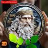 2d Flat 20*20cm Zeus-Inspired Round Wooden Wall Art - Regal God of Thunder Design with Ornate Golden & Black Frame, Home, Office Decor