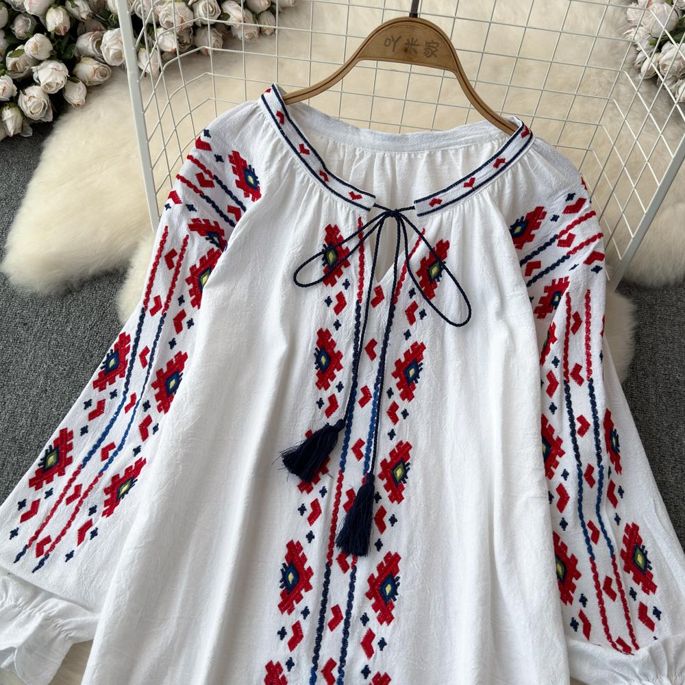 Summer Vintage Women Blouse Embroidered Puff Sleeve Color Block Ethnic Style Camisa Feminina Casual Tops