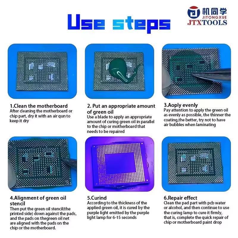 JTX Universal  Solder Mask Green Oil UV Stencil Screen IC Pad Special Green Oil Mesh for 0.3/0.35/0.4/0.5 Scrape Clean UV Curing
