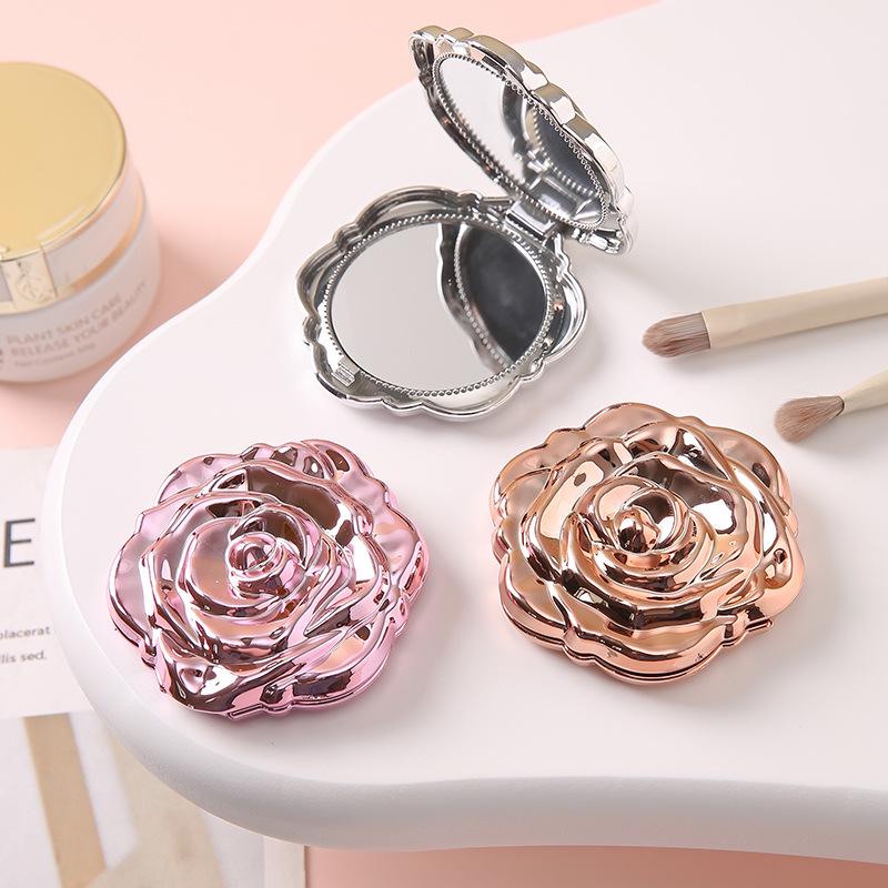 Rose Folding Round Handheld Makeup Mirror - Portable Single-Sided Vanity Mirror