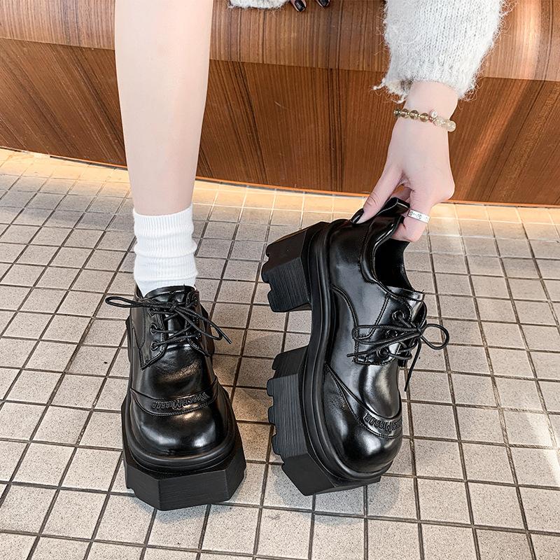 Thick-soled Small Loafer Single Shoes Women's 2025 Spring Lace-up Thick-soled Muffin British Style Small Leather Shoes Thick-heeled Single Shoes