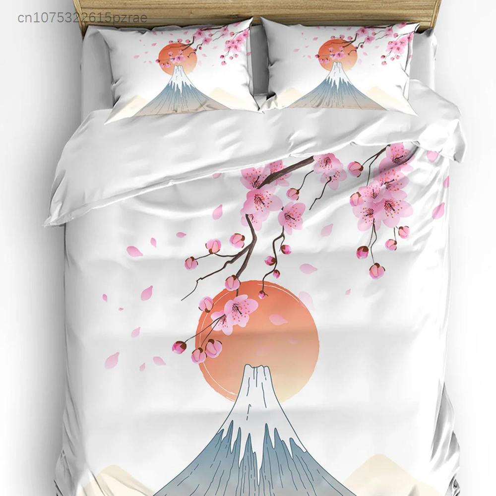 Set Biancheria da Letto Stile Giapponese Gru Fiori di Ciliegio Vintage 3 Pezzi per Letto Matrimoniale Tessili per la Casa Copripiumino Coperta Federa