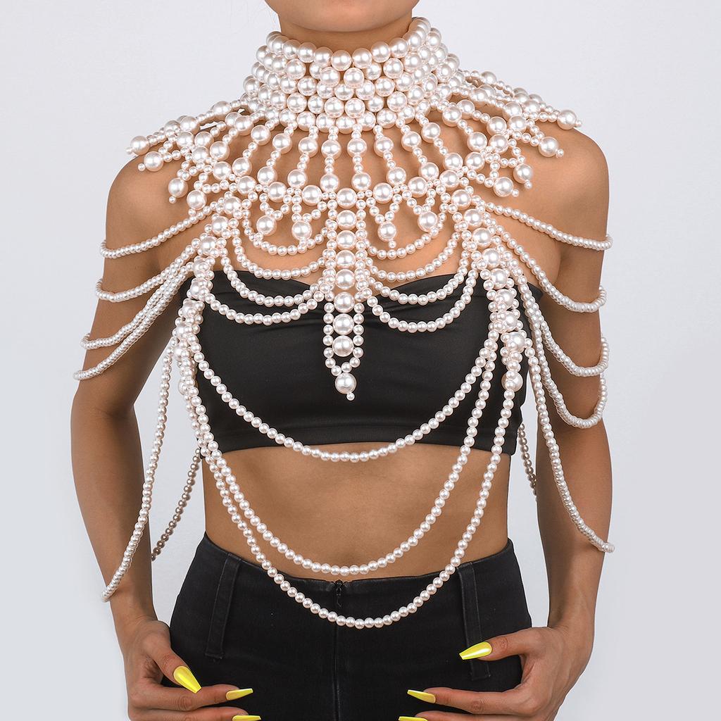 Fashion Tribal Style Hollow Woven Pearl Shawl Body Chain Retro Layered Exaggerated Sexy Body Chain All Match Women Jewelry