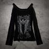 2026 Dark Gothic Fallen Angel Rhinestone Strappy Off-the-Shoulder Long Sleeve Women's Top