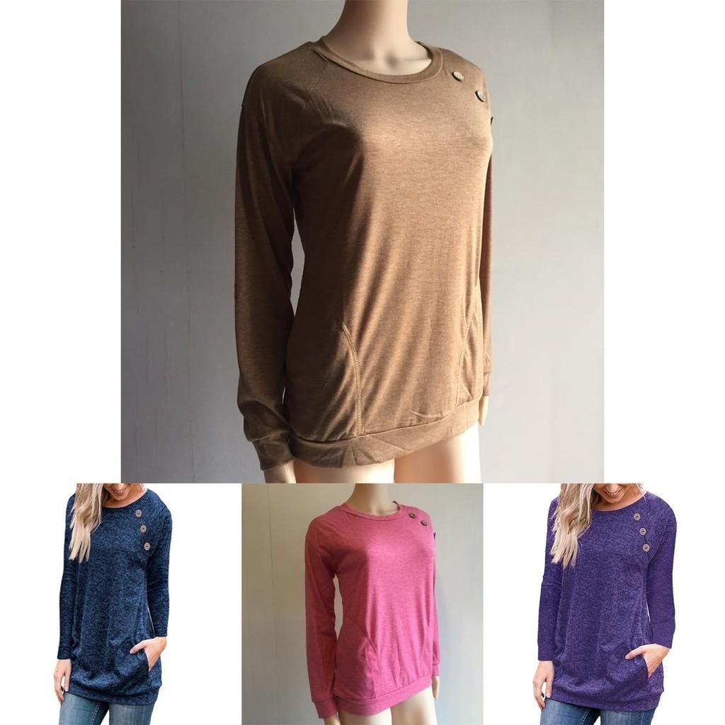 Stylish Women's Pullover Long Sleeve Solid Button Sweatshirt Top For Casual Wear