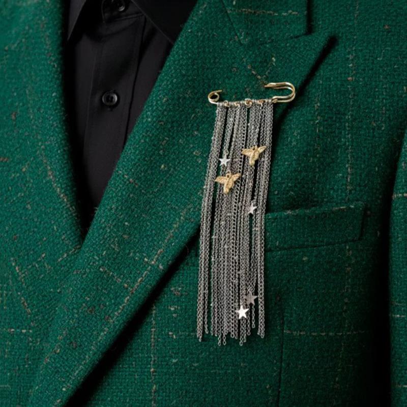 Korean New Fashion Four Stars Zircon Tassel Chain Metal Brooch for Women Men Suit Pin Cloth Moon Corsage Pin Clothing Jewelry