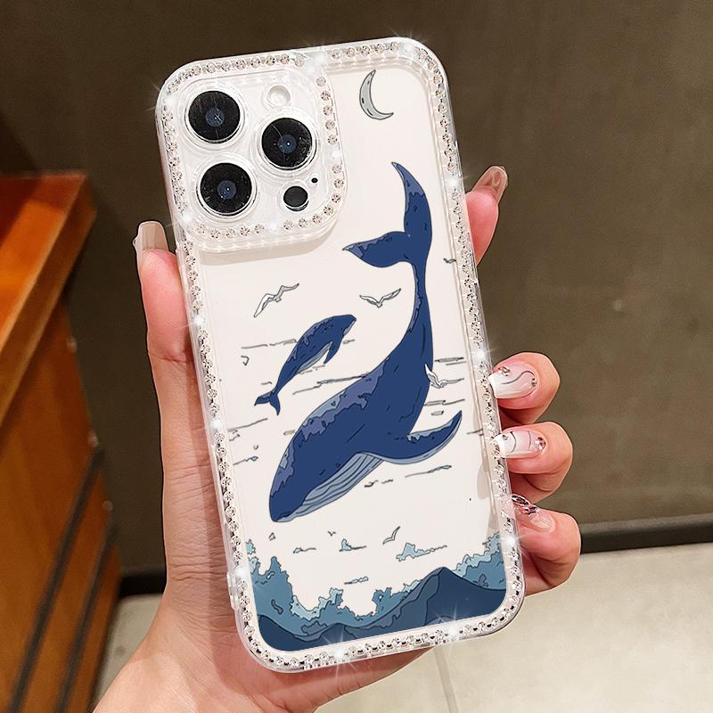 Diamond Frame Clear Phone Case For iPhone 16E 16 Pro Max 15 Pro 14 13 12 11 Whale Turtle Pattern Soft Silicone Shockproof Cover