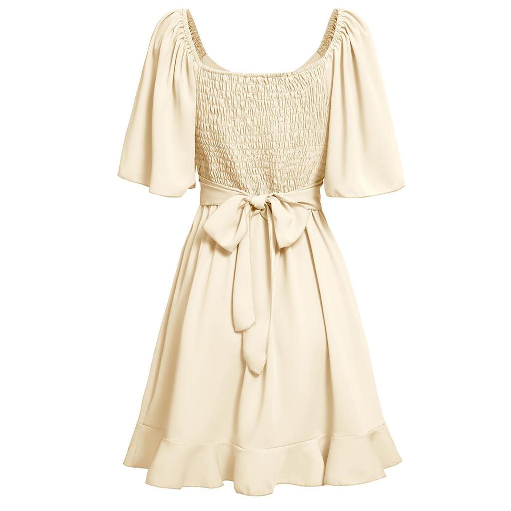Women Spring Solid Color V-Neck Short Lotus Leaf Sleeve Short Dress Summer Casual A-Line High Waist Above Knee Dresses S-XL