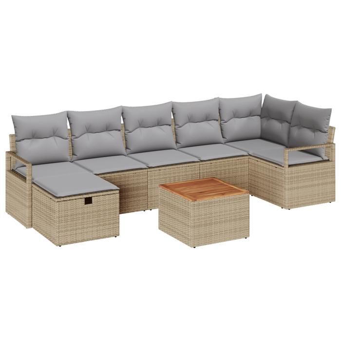 Ensemble de canapé de jardin 8 pièces avec coussins en rattan poly beige, Canapé de jardin 2 places avec coussins en rattan 3359546