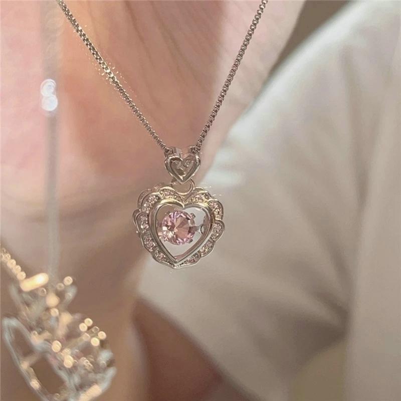 Korean Fashion Pink Crystal Heart Pendant Necklaces Women Girls Y2K Sparkling Rhinestone Fairy Clavicle Chain Jewelry Gifts