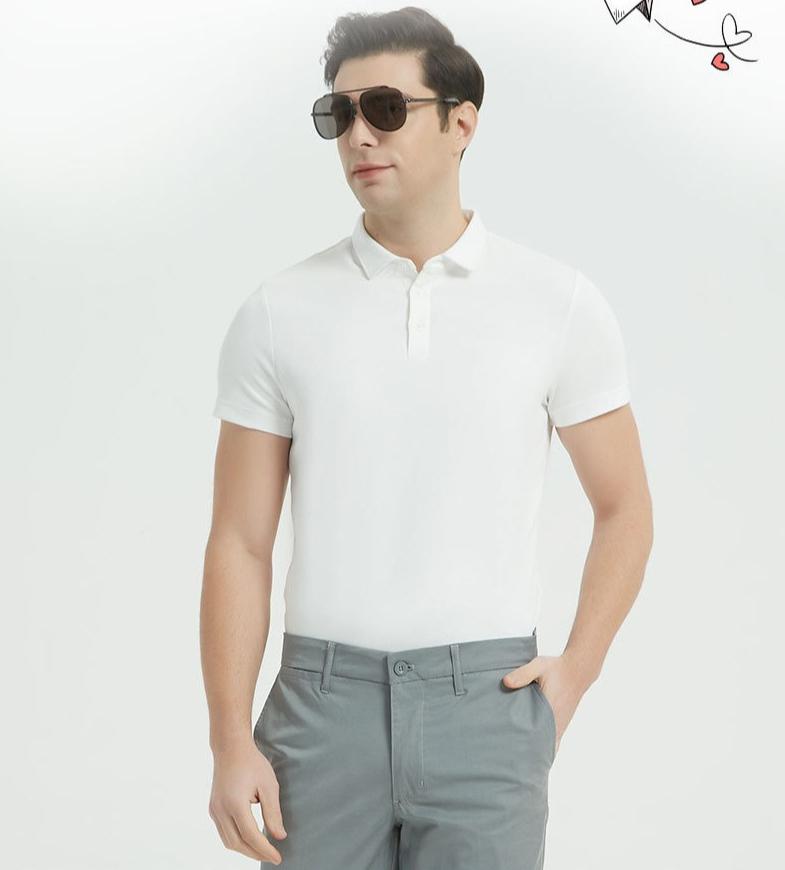 230g Double-sided Cotton Air-layer Shirt-collar Short-sleeve T-shirt Solid Color Minimalist Lightweight Breathable Business T-shirt