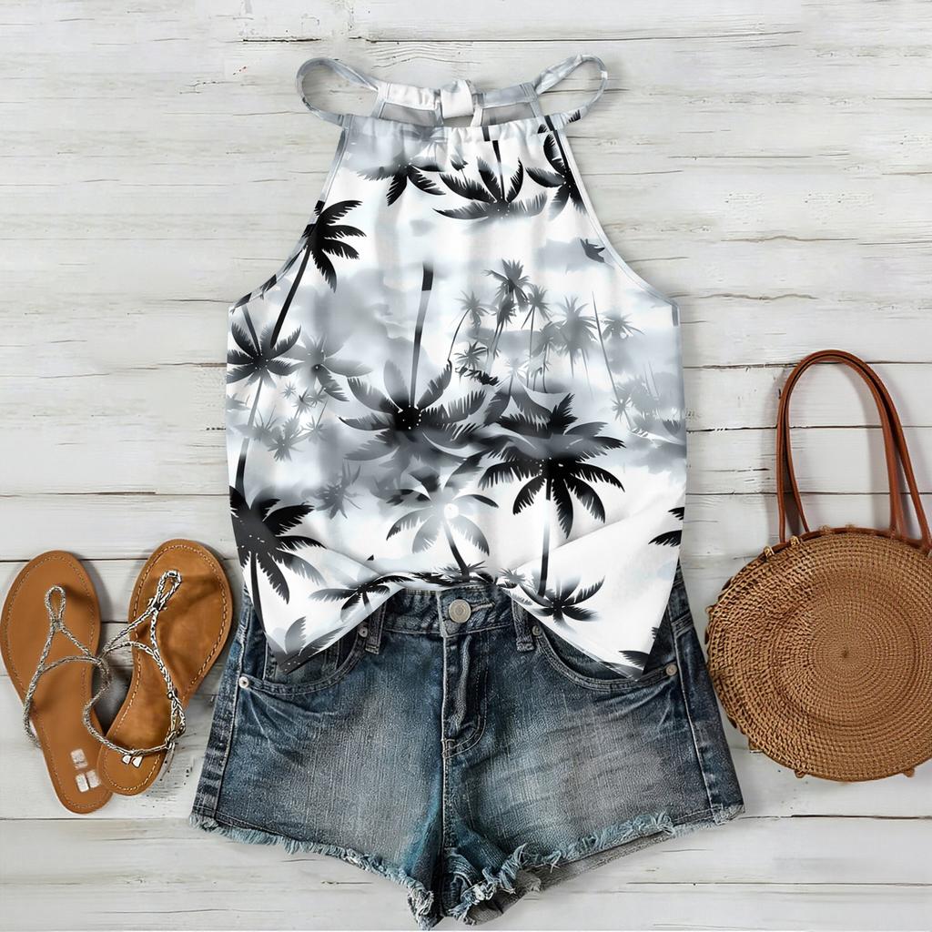 Damen Boho Blumenmuster Ärmelloses Tanktop Sommerlich Lässig Strandkleidung Leicht Locker Sitzende Bluse mit Verstellbaren Trägern