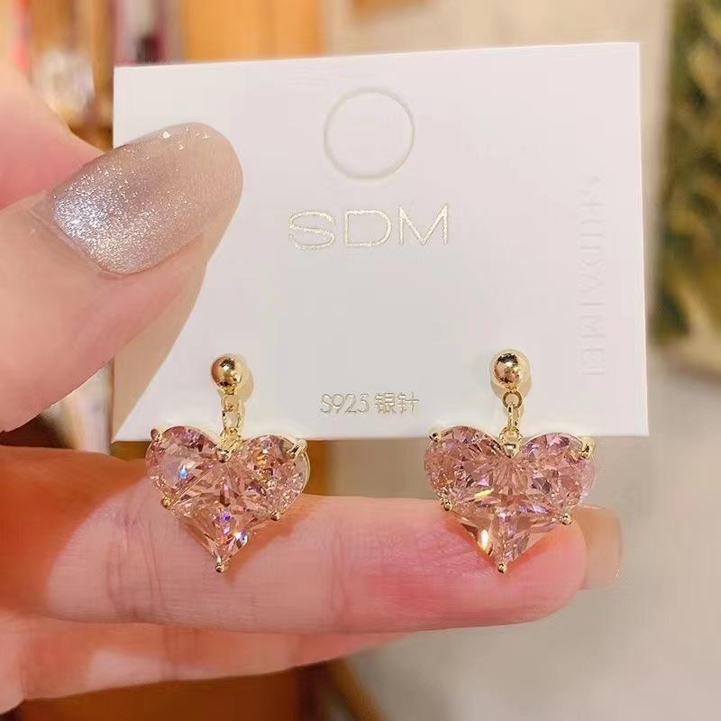 Unique Design Exquisite Pink Love Zircon Earrings for Women 2023 New Elegant Fashion Sweet Earring Trend Jewelry Party Gift