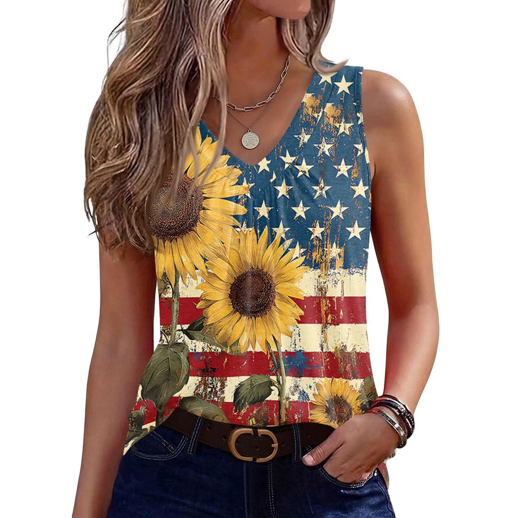 V-Neck Tank Top Women Print Tank Tee Casual Loose Fit Sleeveless Shirt