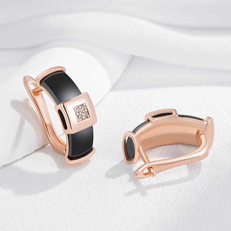 Orecchini da donna in ceramica nera, orecchini geometrici quadrati dorati con zirconi, accessori per feste quotidiane, gioielli ipoallergenici