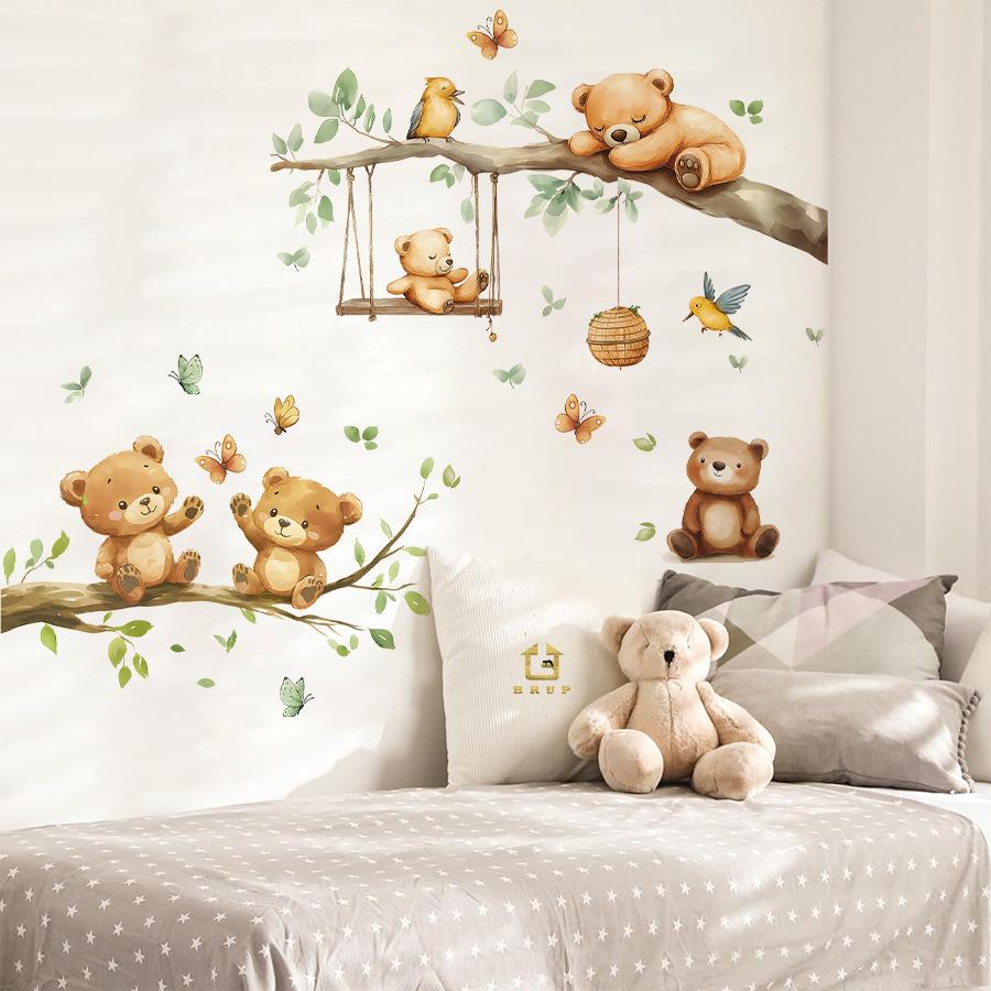 Cute Cartoon Bear Wall Sticker Self-Adhesive Branch Tree Decal for Kids Bedroom Living Room Home Decor