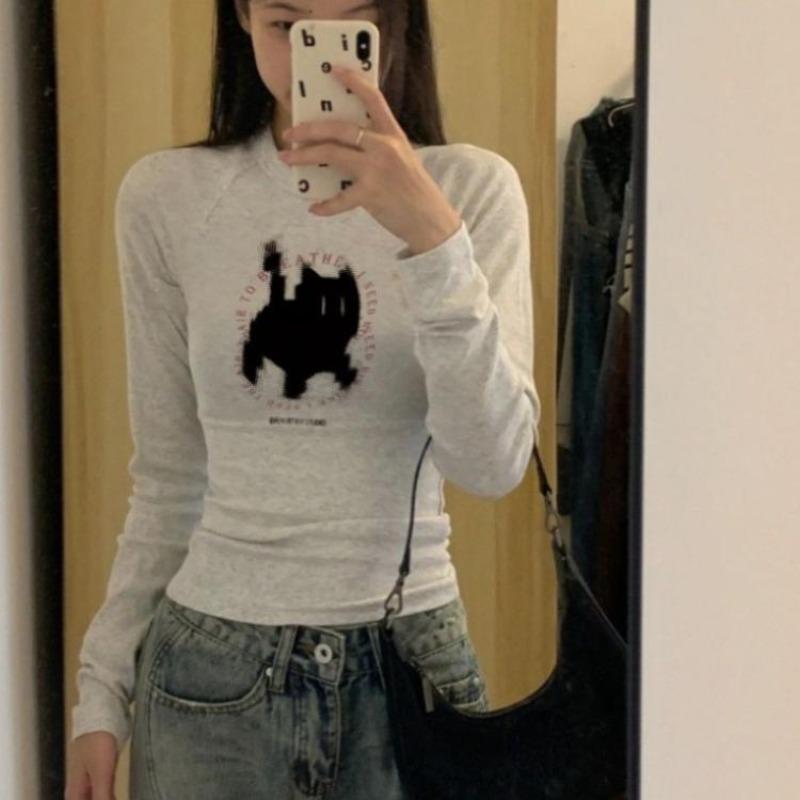 2KWEIRD New Fashion Kawaii Cat Print Grunge T-shirts Autumn Sweet Flower Grey Crop Top Women Y2k Aesthetic Al Match Harajuku Tees