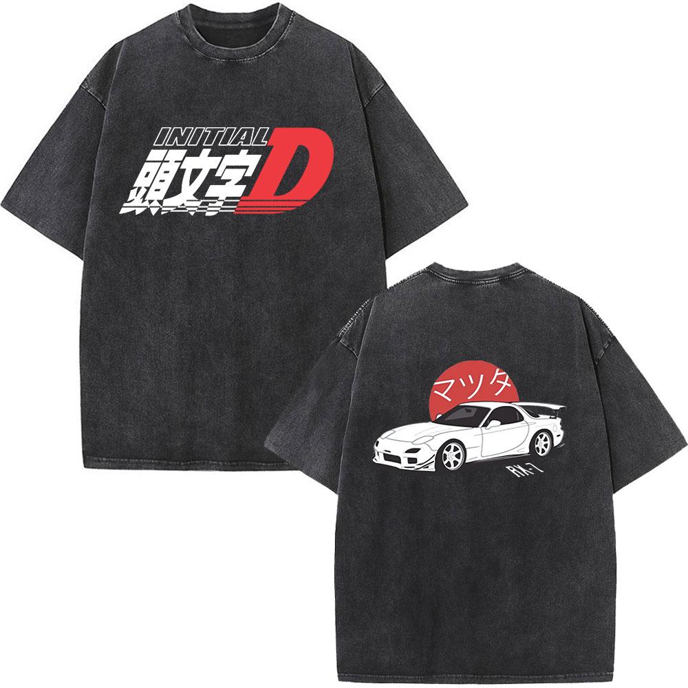 Anime Initial D Drift AE86 Washed Vintage Print T-shirt RX-7 R34 Skyline GTR JDM T-shirts Men's Harajuku Cozy Oversized T Shirts