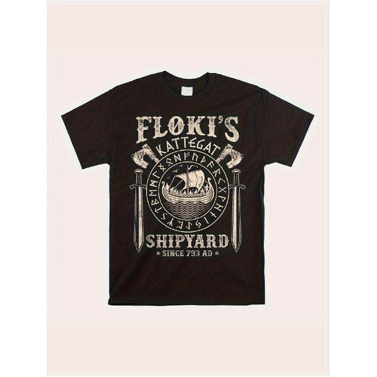 Flokis Men S Viking Kattegat T-Shirt Made from with a Weight of 180GSM, Featuring a Print of Norse Viking Ships And Axes, Along with Viking Age Rune S чёрный