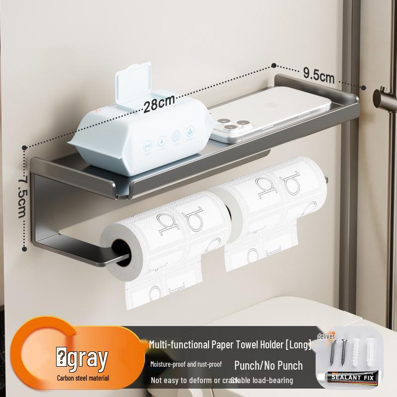 Punch-Free Bathroom Wall-Mounted Tissue and Phone Holder - Aluminum Alloy Shelf for Roll Paper