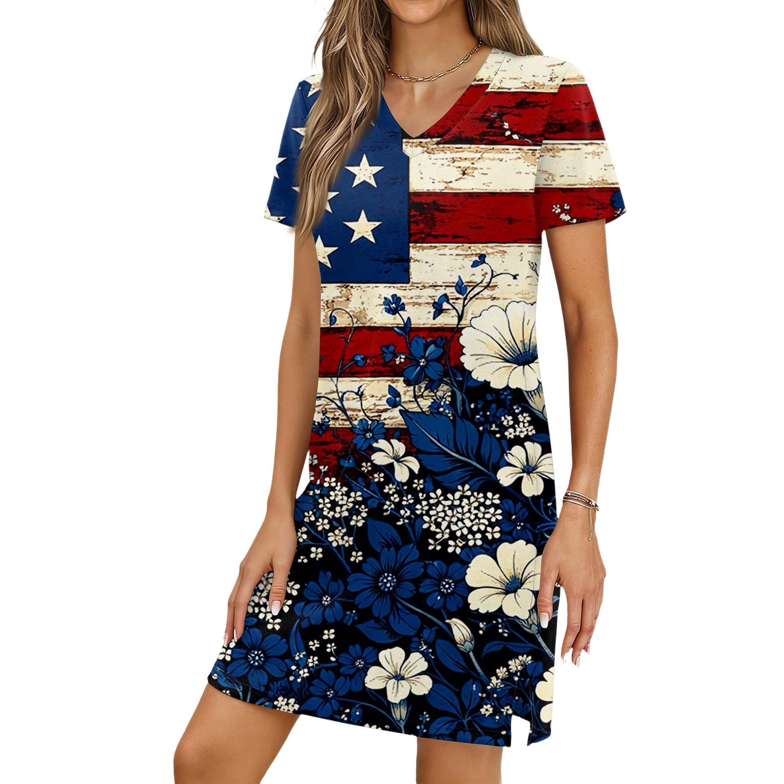 Women s Casual V-neck Short Sleeve Split Hem Independence Day Printed Dress S