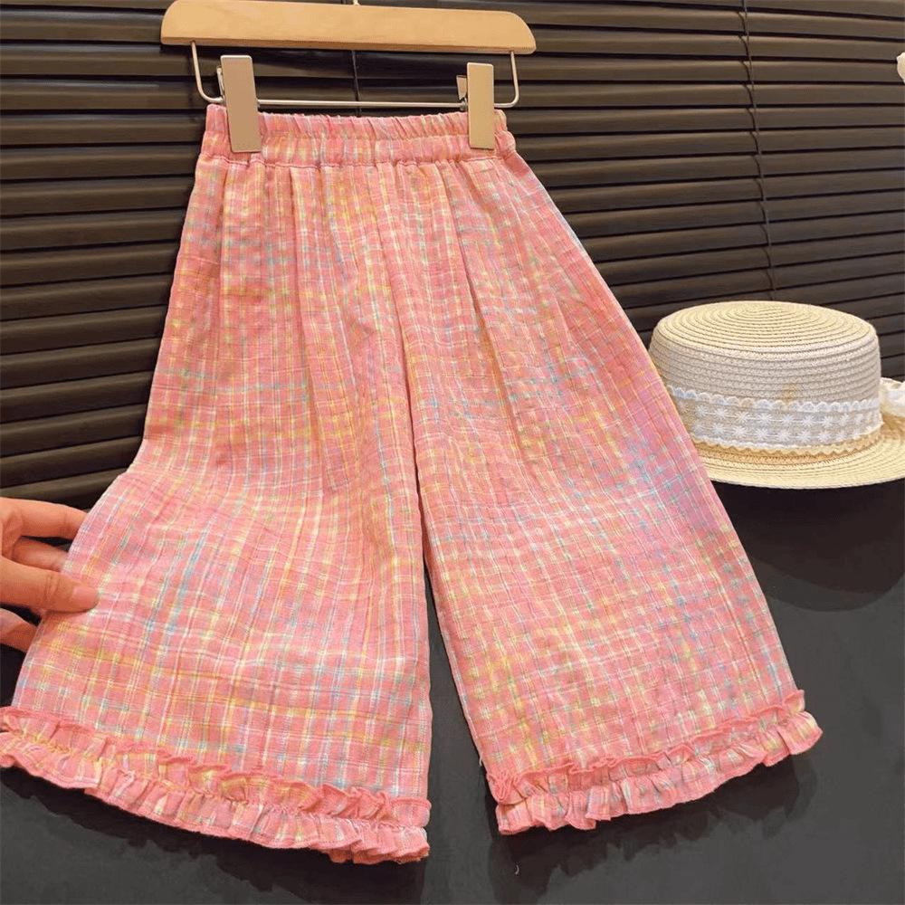 Girls' Fashionable Lace Plaid Trim Vest & Wide Leg Pants Two-Piece Summer Set
