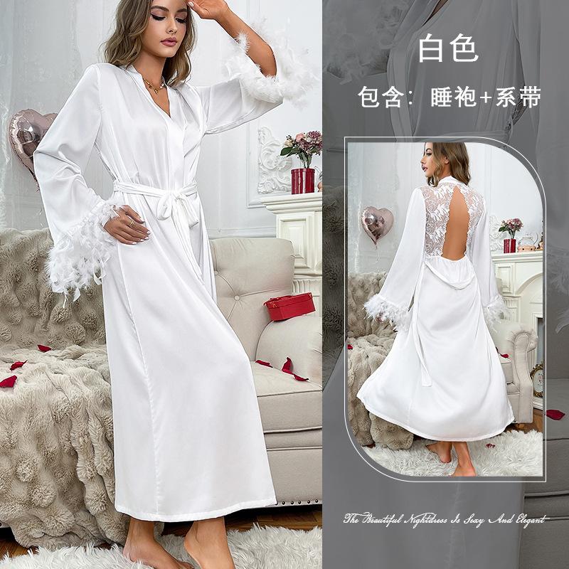 European and American long nightgown lace satin splicing fluffy cuffs sexy backless loungewear pajamas women S белый